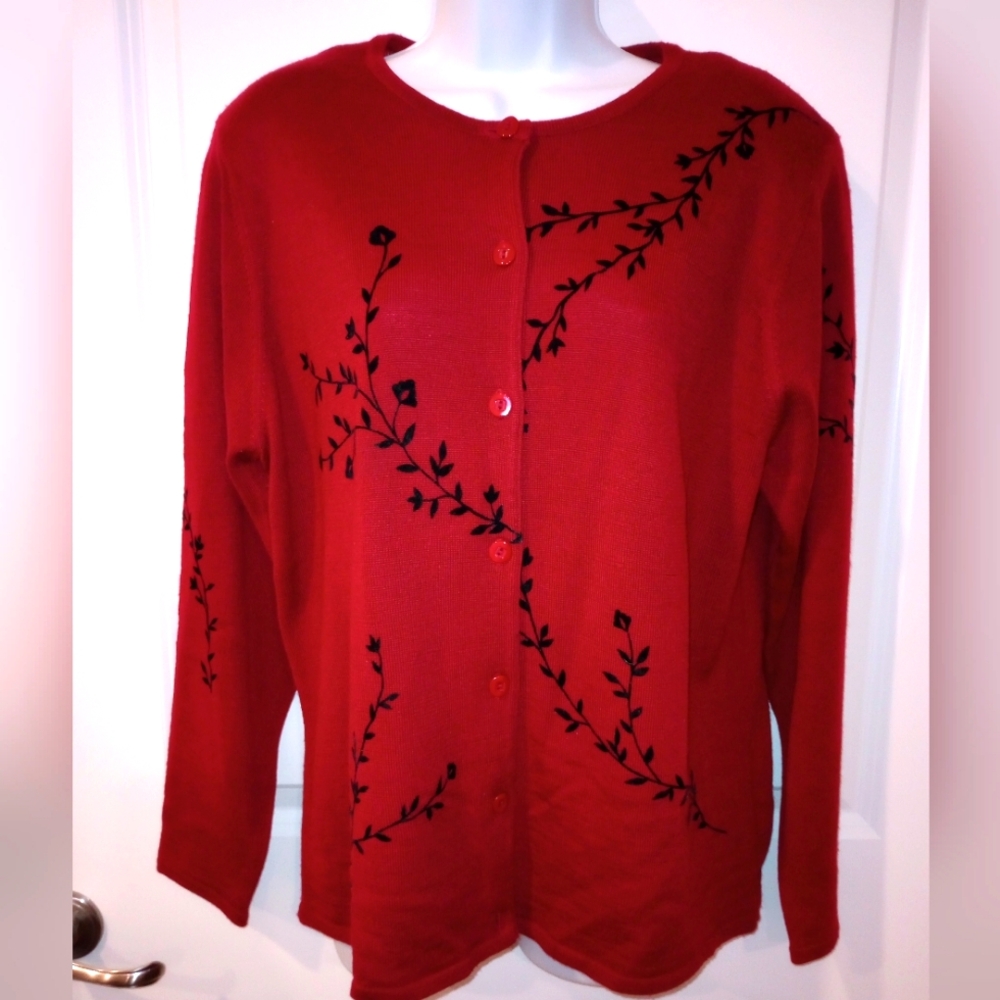 Vintage Alfred Dunner Red w Black Accent Wool Blend Cardigan Sweater Lady's M